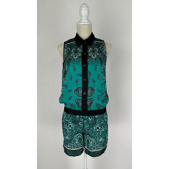 Michael Kors Green Paisley Bandana Romper Sleeveless Button Up Collared Womens M - Picture 2 of 11